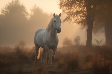 Obraz na płótnie Canvas AI generated illustration of a majestic white stallion standing in a misty field at sunset