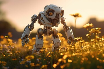 AI generated illustration of A robotic figure walking through a sunlit meadow of vibrant wildflowers