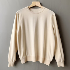 Classic beige sweater on wooden hanger against gray background