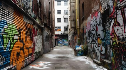 AI-generated illustration of a vibrant urban alleyway covered in graffiti