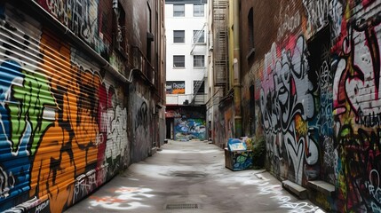 Fototapeta premium AI-generated illustration of a vibrant urban alleyway covered in graffiti