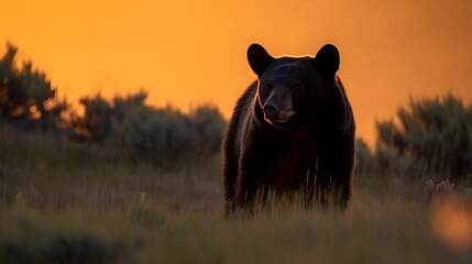 AI-generated illustration of a black bear in a grassy meadow at dawn.