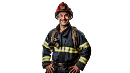 Fototapeta premium Happy firefighter officer cut out. Smiling fire fighter on transparent background
