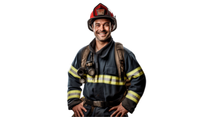 Happy firefighter officer cut out. Smiling fire fighter on transparent background