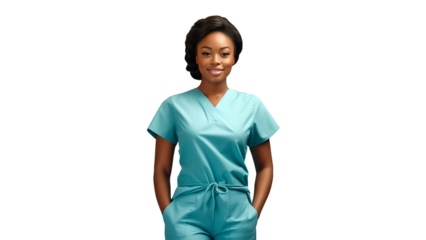 Happy black nurse cut out. Smiling nurse woman on transparent background