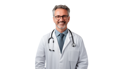 Happy white doctor cut out. Smiling doctor man with stethoscope on transparent background