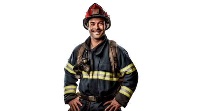 Happy firefighter officer cut out. Smiling fire fighter on transparent background