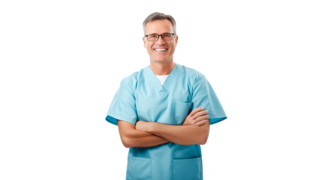 Happy dentist cut out. Smiling doctor with eyeglasses on transparent background