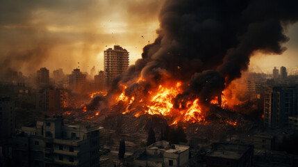 Dramatic urban landscape engulfed in fierce flames and thick smoke