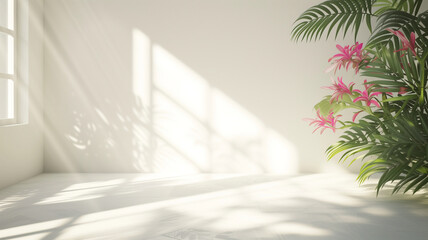 Empty room with shadows of window and flowers and palm leaves for product presentation