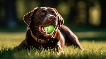 AI generated illustration of a labrador retriever
dog enjoying a fun game of fetch in a lush field