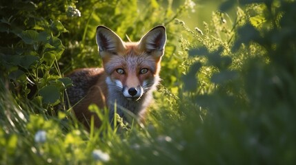 Obraz premium AI generated illustration of a solitary red fox walking among bushes