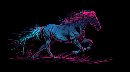 Obraz na płótnie Canvas Neon outlines of a majestic horse galloping through a meadow isotated on black background. Created with generative AI.