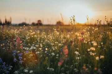 Naklejka premium AI generated illustration of a landscape featuring a lush meadow with a variety of colorful flowers