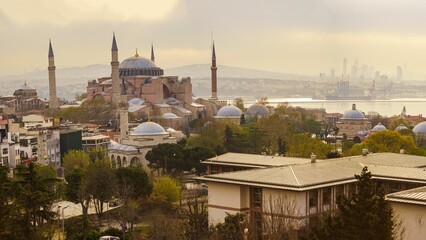 Aerial view of the historic city of Istanbul, featuring the iconic Hagia Sophia