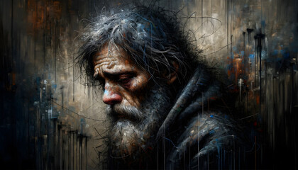 Weary Old Man in Contemplation, Abstract Textured Artwork
