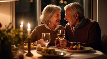 Fototapeta na wymiar Senior couple enjoying a romantic candlelit dinner at home