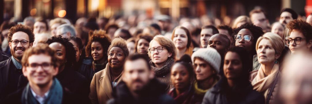 Diverse crowd of people on a city street in warm sunset light