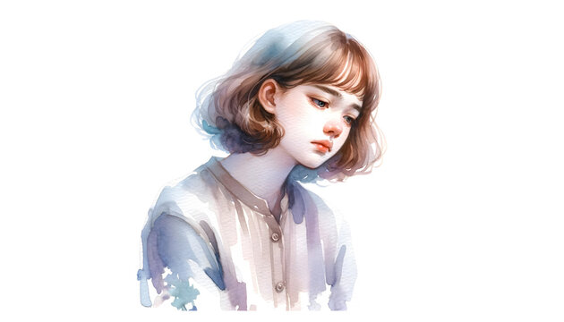 Melancholic Young Girl, Watercolor Painting with Delicate Hues
