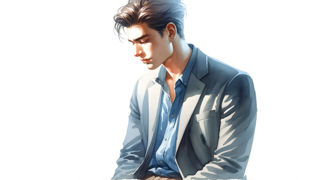 Handsome Young Man in Contemplation, Watercolor Fashion Illustration
