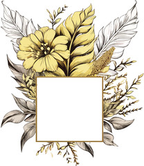 Vector illustration of a bouquet of flowers with gold foil detailing and a white frame - obrazy, fototapety, plakaty