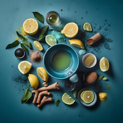 AI generated blue Matcha tea surrounded by lemons and green leaves