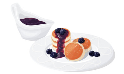 Cheese pancakes or cheesecakes or souffle pancakes served on a plate with fresh blackberries and jam. Food for breakfast. Flat vector