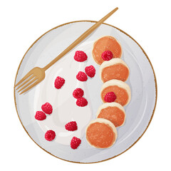 Cottage pancakes or cheesecakes or souffle pancakes are served on a plate with fresh raspberries and sour cream. Food for breakfast. Flat vector