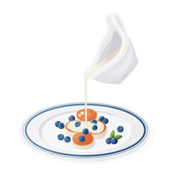 Cottage cheese pancakes or syrniki or souffle pancakes served on plate with fresh blueberries and condensed milk. Food for breakfast. Flat vector