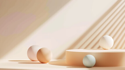 Fototapeta na wymiar Aesthetic white and beige podium with pastel matte spheres of different sizes. Sun rays. Luxury concept. Generative AI