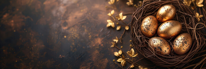 Elegant Easter banner with golden colored eggs in a wicker basket on a dark background. - obrazy, fototapety, plakaty