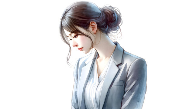 Elegant Woman in business suit Lost in Thought, Watercolor Fashion Portrait
