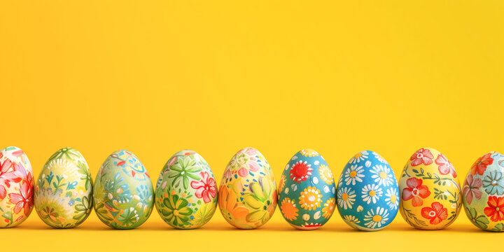 Colorful painted Easter eggs lined up on a yellow background with copy space, Easter concept.	
