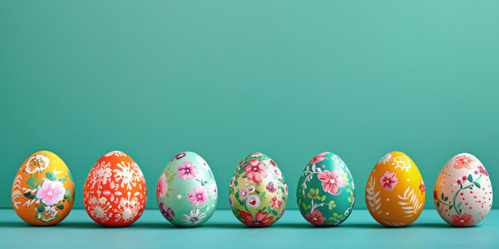 Colorful painted Easter eggs lined up on a blue pastel background with copy space, Easter concept.	