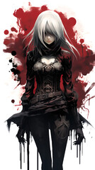 Fantasy female character with white hair in black dress, red and black ink splashes on a white background