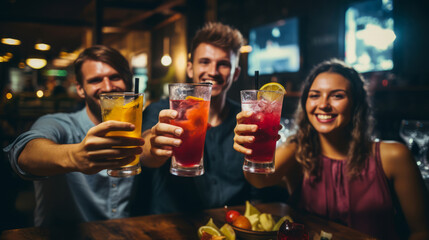 Group of friends enjoying cocktails at a bar with a cheerful atmosphere - obrazy, fototapety, plakaty