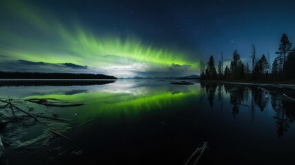AI generated illustration of stunning Aurora borealis in the night sky over a lake