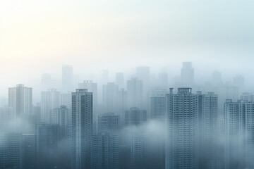 Misty city skyline at sunrise. Background image. Created with Generative AI technology
