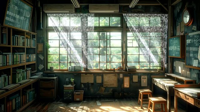 School library room atmosphere during the day. seamless looping 4k animation video background