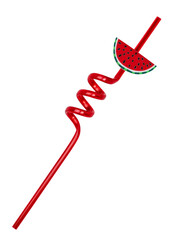 Red unused curly straw, top view. Isolated ocutout on a transparent background. Decorated with slice of watermelon.