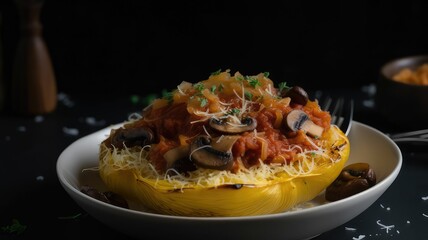 Fototapeta premium AI generated illustration of a squash stuffed with minced meat, mushrooms and cheese