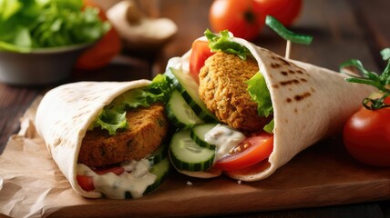 AI generated illustration of a flavorful vegetarian wrap with fried falafel