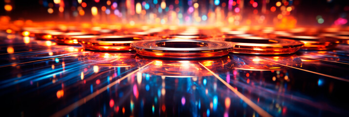 Dynamic blue and orange light streaks across a reflective surface creating a futuristic vibe.