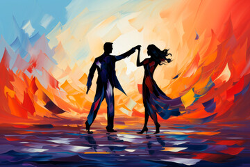 Abstract man and woman silhouetted dancers on bright blurred background. - obrazy, fototapety, plakaty