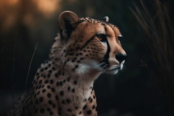 AI generated illustration of a cheetah sitting in the grass near a wooded area