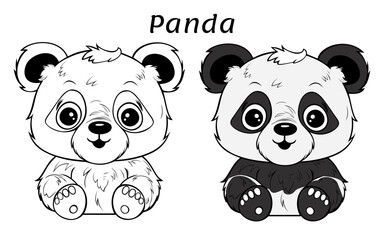 Cute panda. Coloring book illustration. Outline and colored variants.
