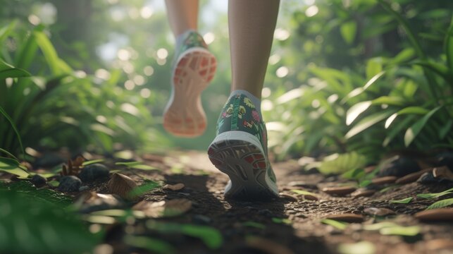 Runner's legs in cute shoes, jogging on a green trail. Runner with colorful shoes runs on a path in the woods.