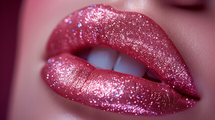 Close up of female glossy female lips with glitters