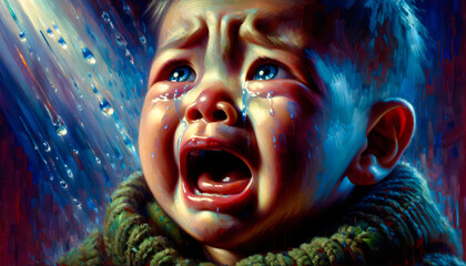 Hyperrealistic painting of a crying toddler in a knitted sweater, with tears streaming down in a colorful, dynamic setting.