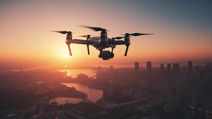 Fototapeta na wymiar AI generated illustration of a drone in the air with a stunning sunset and cityscape on background